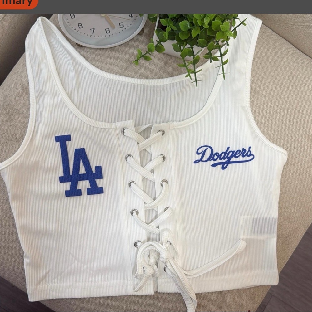 White Lace-Up Crop Top with Blue LA Dodgers Logo